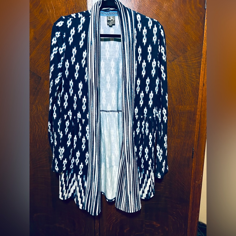 One September Navy & White open Cardigan Anthropologie lounge sz M